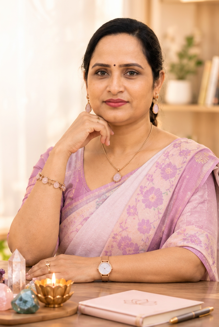 Chandana P at her healing practice desk
